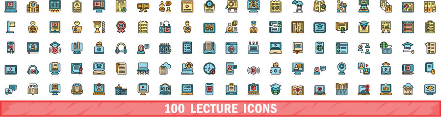 100 lecture icons set. Color line set of lecture vector icons thin line color flat on white