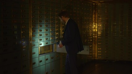A businessman in a suit is accessing a safe deposit box inside a dimly lit vault