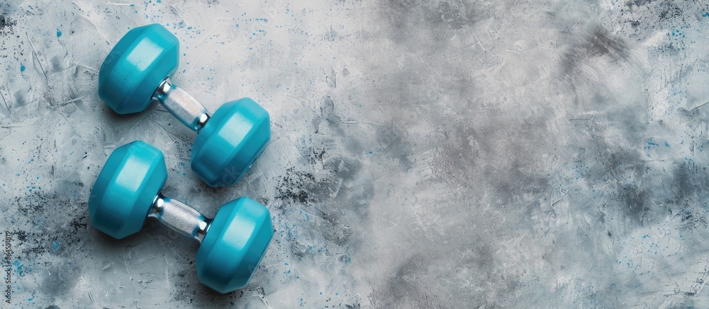 Poster flat lay of blue dumbbells on a light grey table with available copy space image.