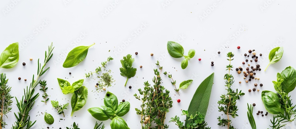 Poster top view of fresh greens, herbs, and spices on a white backdrop with ample space for text or other e
