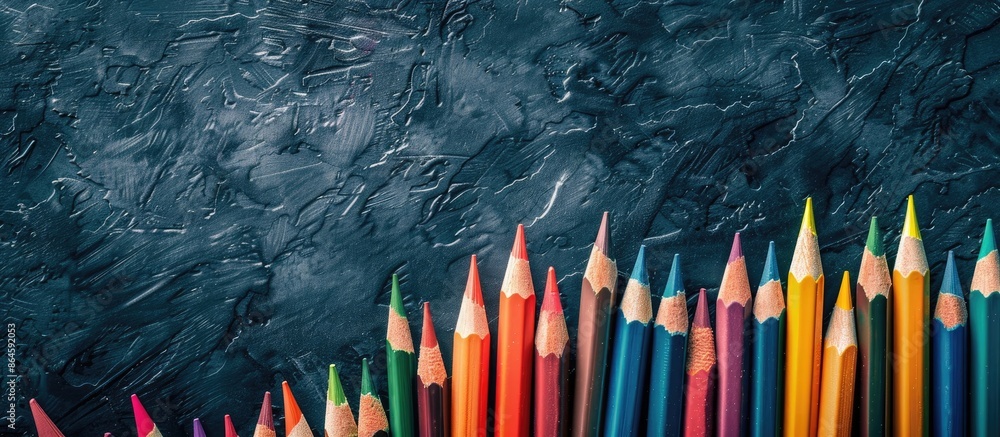 Poster an array of colorful pencils displayed against a dark backdrop, emphasizing school supplies and the 