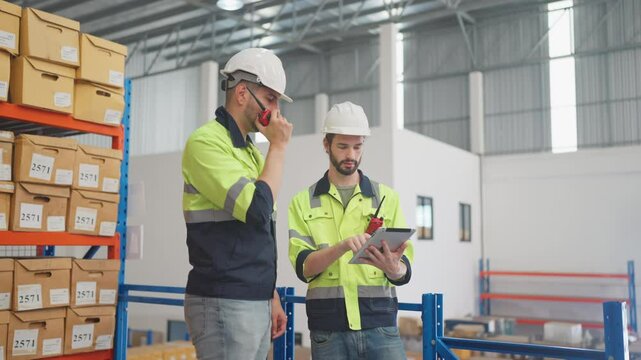 Two professional warehouse worker men hold tablet and discuss about work together with coworker use walkie-talkie to contack teams also stay in front of shelves with product boxes.