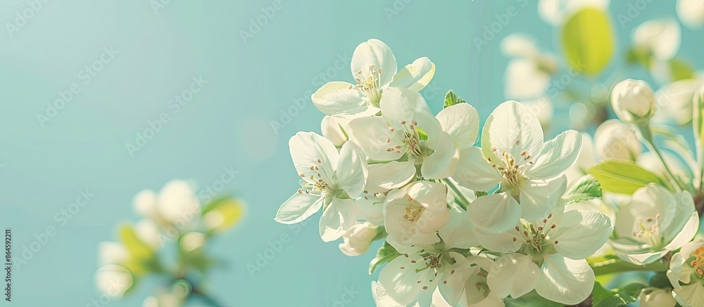 Poster close-up shot of dense white apple blossoms against a clear blue sky backdrop with room for text, id