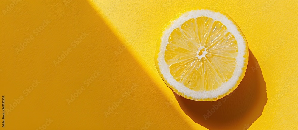 Poster flat lay background featuring a vibrant slice of lemon with ample copy space image.