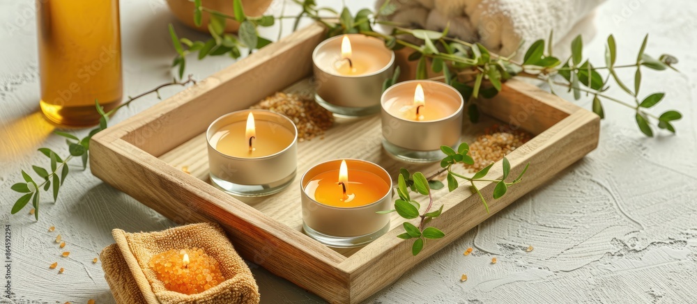 Sticker A wooden tray holds scented candles, body oil, and bath salt. Green twigs, a towel, and a light background add to the copy space image.