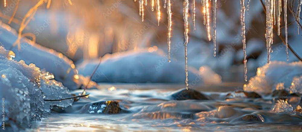 Poster springtime brings the sight of icicles hanging from the melting river's frozen edges, creating a bea