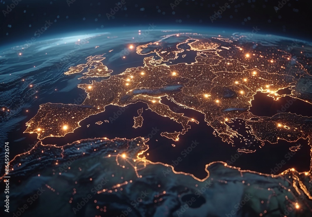 Poster nighttime view of earth with interconnected red lines showing global network