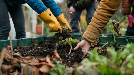 Urban composting station with community members contributing organic waste, promoting eco-friendly practices.