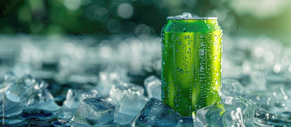 Poster close-up mockup of a green metal can on ice cubes, with space for design elements in the image. copy