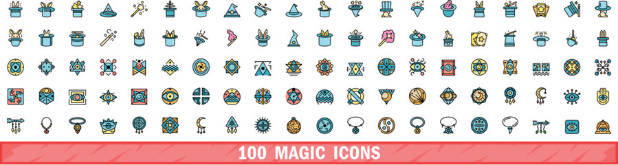 100 magic icons set. Color line set of magic vector icons thin line color flat on white