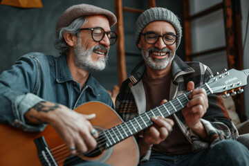 Obraz premium Happy older gay couple playing guitar. A joyful image of two men enjoying music together, representing love, connection, and shared hobbies. Perfect for lifestyle, relationship, and retirement content