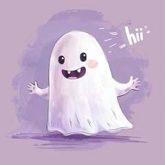 A friendly cartoon ghost with a big smile and open arms says "hi" on a purple background.