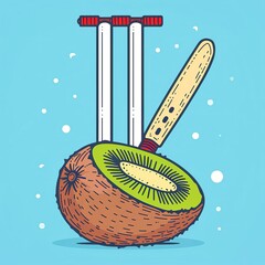 A halved kiwi fruit with cricket stumps and a bat sticking out.  The image is drawn in a cartoon style.