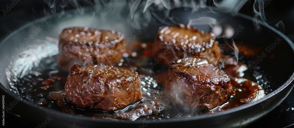 Poster preparing a succulent beef filet mignon on a sizzling pan. copy space image. place for adding text a