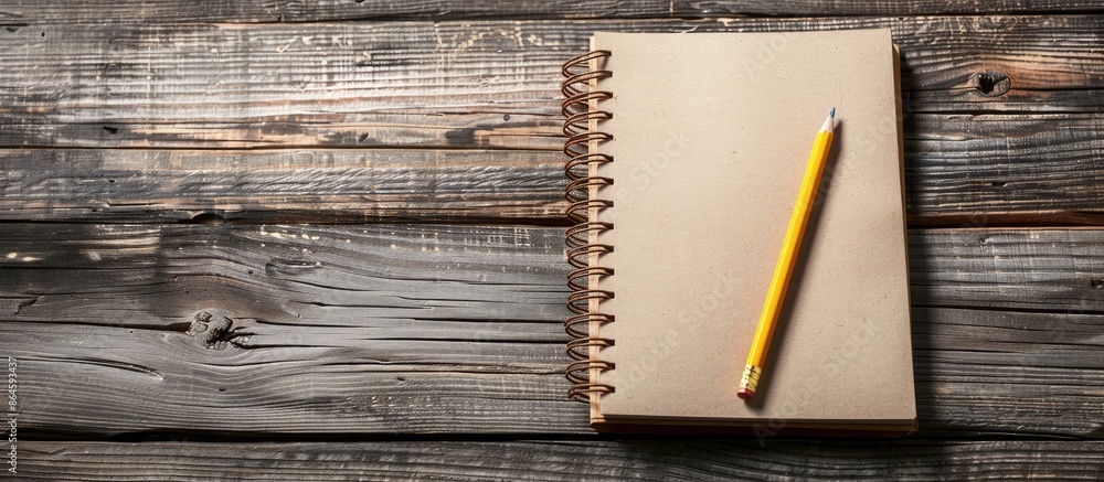 Poster a diary notebook and pencil placed on a wooden table, with ample copy space for an image.