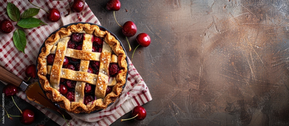 Poster delicious cherry pie displayed on a table with empty copy space image.