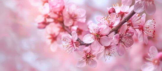 Spring brings a beautiful cherry blossom branch with delicate pink flowers, providing a lovely copy space image.