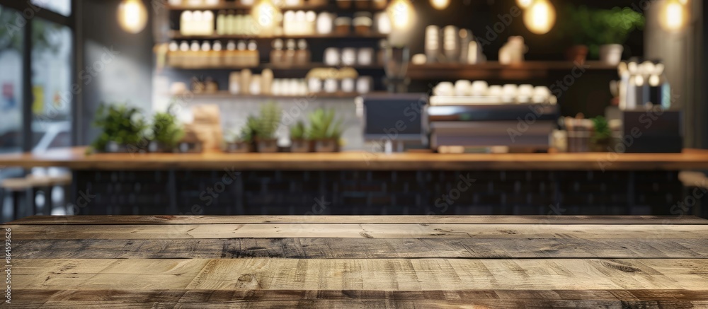 Poster utilize this image of an empty wooden table with a blurred coffee shop background for your product d