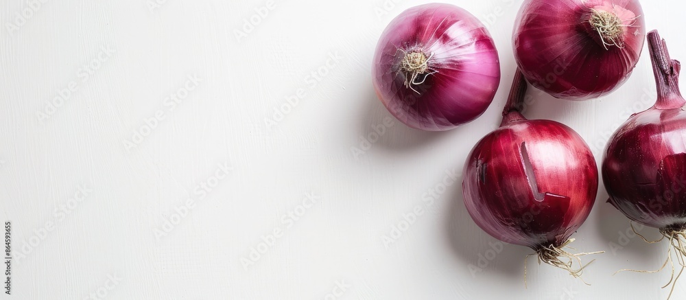 Poster red onion on a plain white backdrop with copy space image.