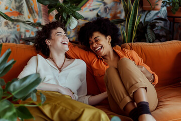 Fototapeta premium Joyful lesbian couple laughing on a vibrant couch. A perfect image for illustrating joy, love, and companionship in a cozy home setting. Ideal for lifestyle, relationship, and home decor themes