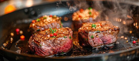 Preparing a succulent beef filet mignon on a sizzling pan. Copy space image. Place for adding text and design