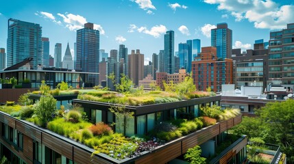 City skyline with green rooftop buildings lush with plants, promoting urban sustainability and beauty.