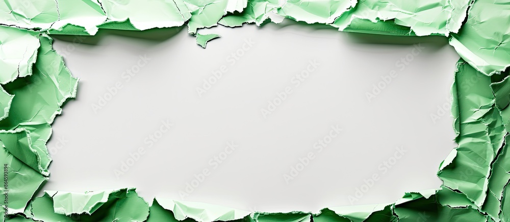 Poster green paper frame surrounding torn paper on a white background with a blank area for text. ideal for