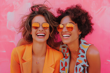 Fototapeta premium Joyful lesbian couple in vibrant attire. A lively depiction of friendship and celebration. Ideal for marketing, lifestyle, and inclusivity themes.