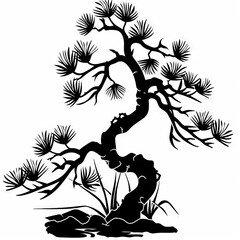 Simple black silhouette of a bonsai tree in a flat vector design on a white background. Minimalist style with clean lines and no gradients.