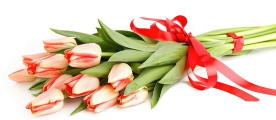 Obraz premium A bouquet of tulips with a red ribbon on a white background, offering a clear copy space image.
