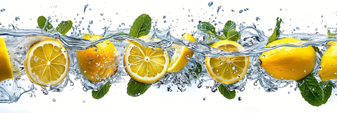 Row of lemon slices and mint leaves in swirling water
