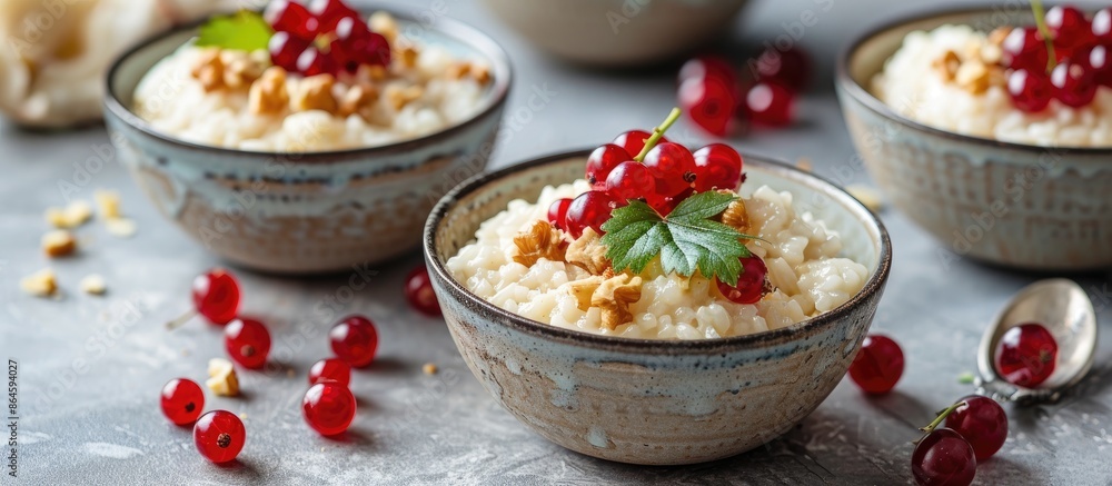 Poster bowls of creamy rice pudding with red currant and hazelnuts displayed on a grey table with ample cop