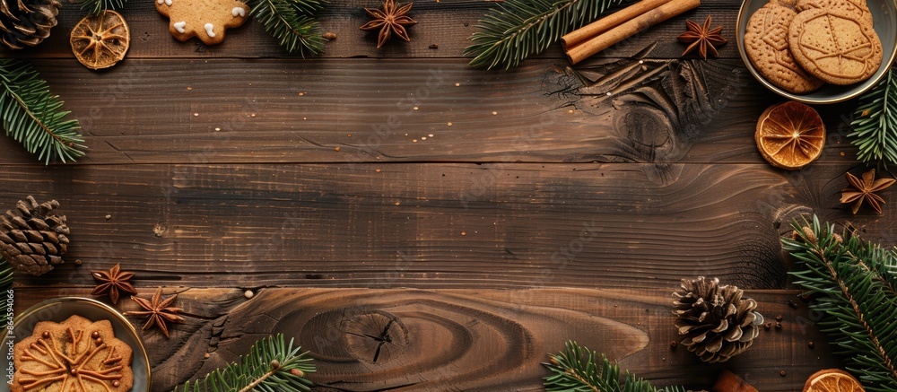 Poster fir tree branches, cookies, spices, and pine cone create a rustic frame on a wooden surface, perfect