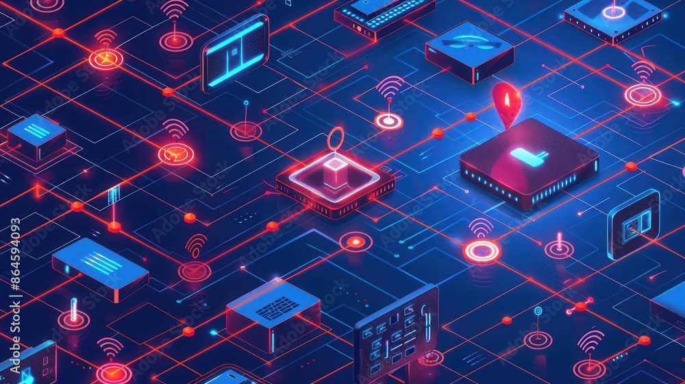 Poster an illustration depicting a network of interconnected routers, modems, and smart home gadgets, visua