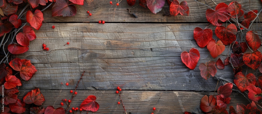 Poster heart-shaped red autumn leaves on a wooden fall backdrop with room for text or images. copy space im