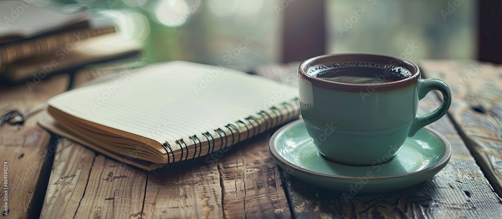 Aufkleber coffee cup on background with notebook, a serene copy space image is created.