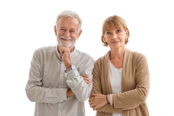 Portrait of a happy senior couple standing and looking at the camera, Joyful nice elderly couple smiling while being in a great mood, Elderly couple concepts