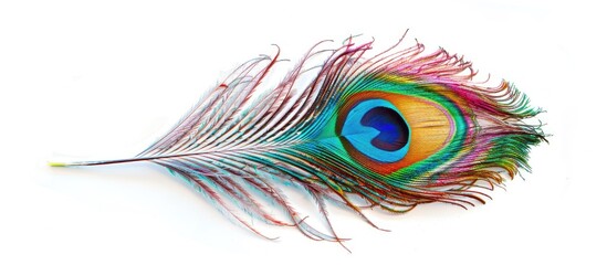 Obraz premium Peacock feather with vibrant colors displayed on a white background, providing copy space image.