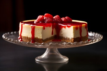 Decadent Strawberry Cheesecake with a Rich Caramel Drizzle on an Elegant Cake Stand