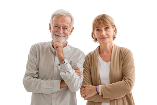 Portrait of a happy senior couple standing and looking at the camera, Joyful nice elderly couple smiling while being in a great mood, Elderly couple concepts