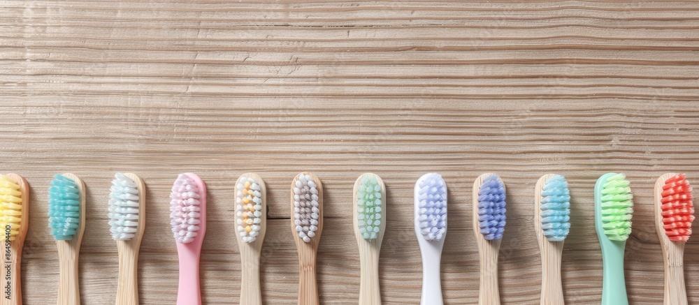 Poster top view of toothbrushes on a light wood background with ample copy space image for text.