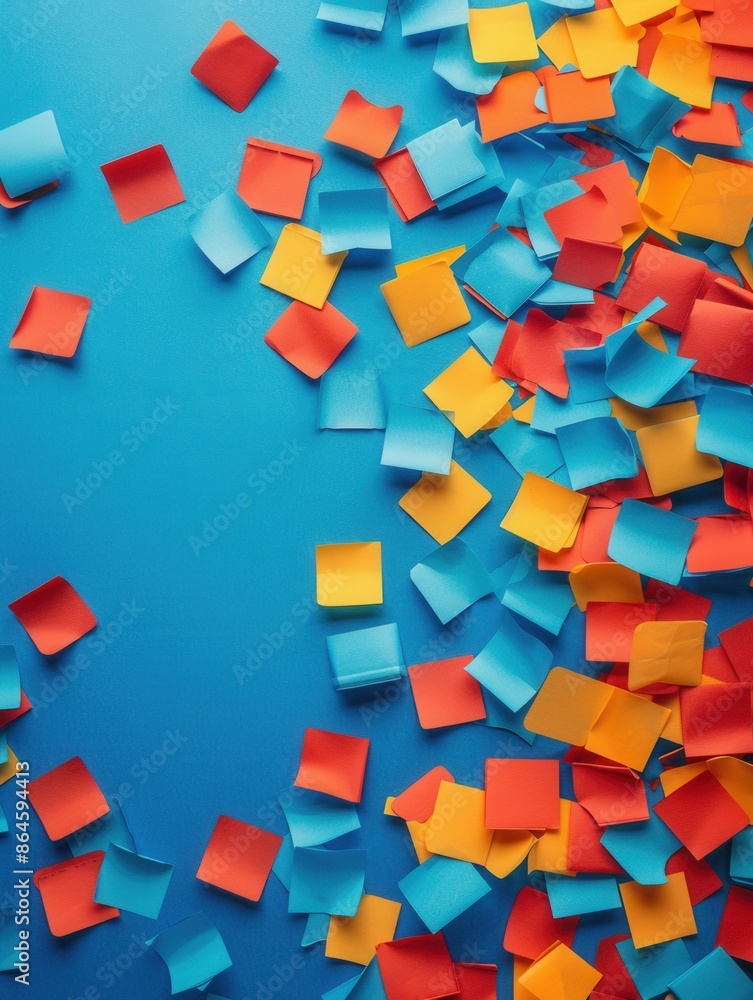 Poster A blue background with colorful sticky notes scattered across the surface. The notes are in various shades of red, yellow, and blue, creating a vibrant and chaotic scene. Generative AI