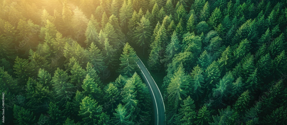 Poster overhead view of a road winding through a lush green forest of coniferous trees at sunset, featuring