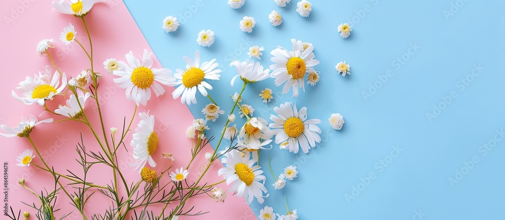 Poster flat lay showcasing lovely chamomile flowers on a colored backdrop with ample copy space image.