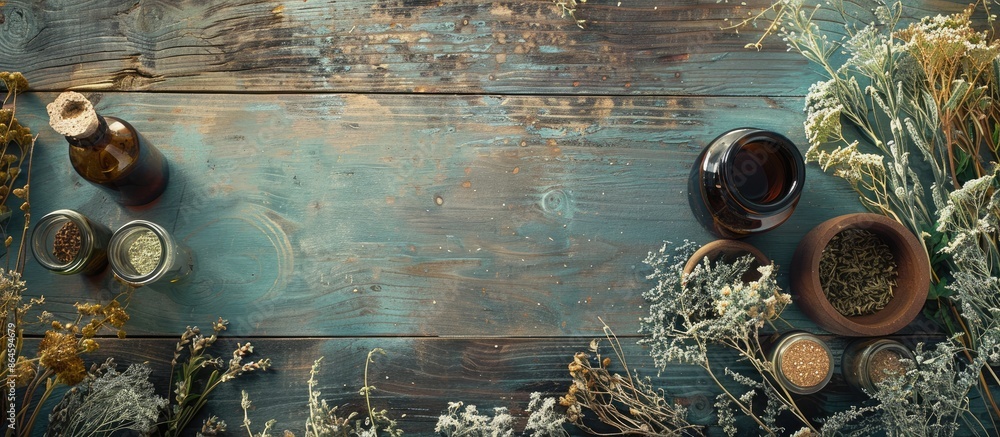Poster top-down view of a studio setting displaying a wooden table adorned with dried herbs and bottles, se