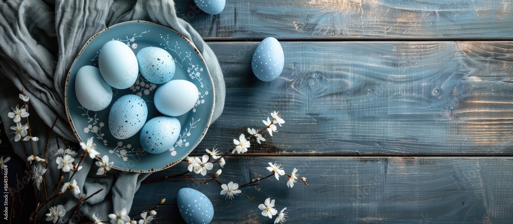 Poster blue easter eggs trend featured on a rustic festive table with a top view, enhancing the copy space 