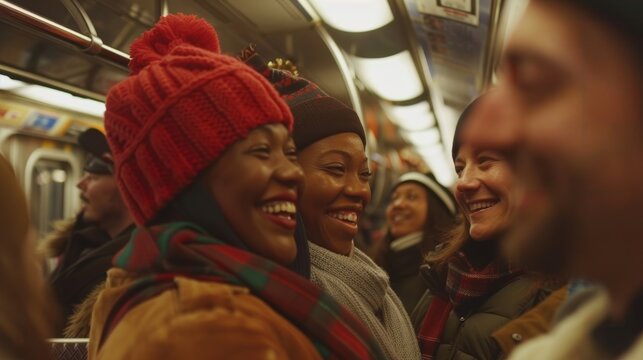 Passengers exchange smiles and seasons greetings with strangers united in the holiday spirit.