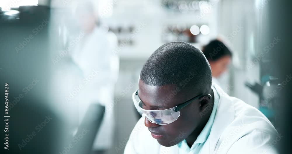 Aufkleber medical, microscope and science with man in laboratory for breakthrough, discovery or experiment. in