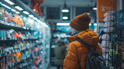 Young man wearing a winter beanie and jacket shopping in a fishing gear store, looking at products.