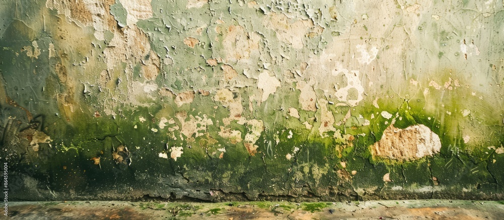 Poster detailed closeup of textured old wall and floor covered in algae, perfect for text in copy space ima